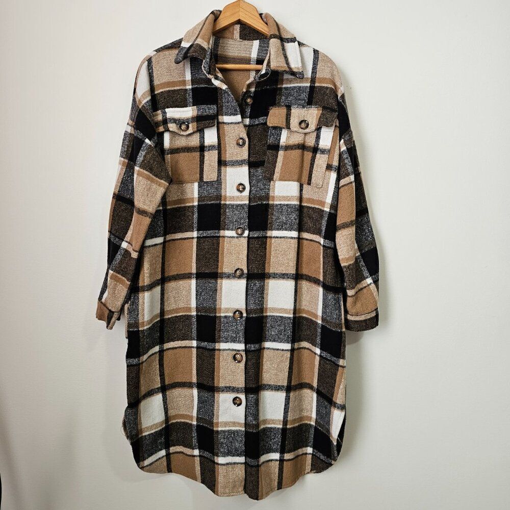 EUC AMAZING PLAID NEUTRAL COLORS LONG SHACKET SIZE M